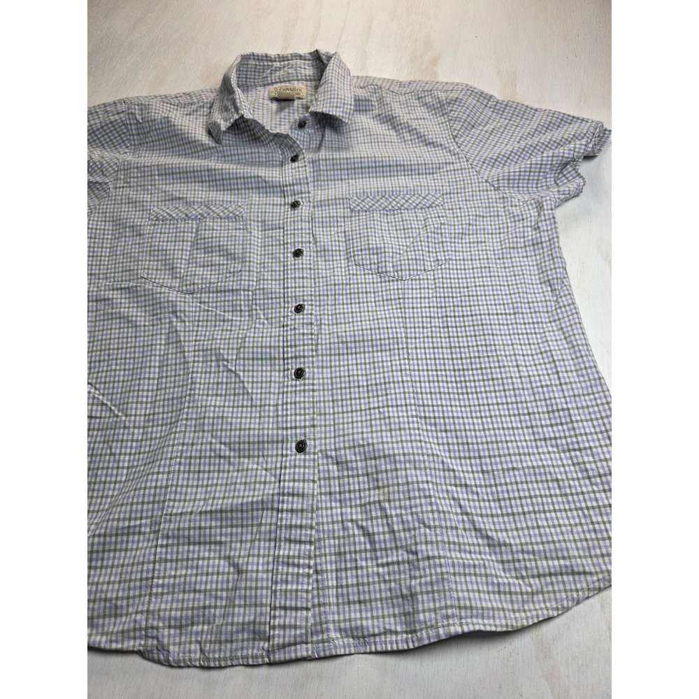 St Johns Bay Gingham Plaid Button Down Shirt XL Purple Green Cotton Classic Boho